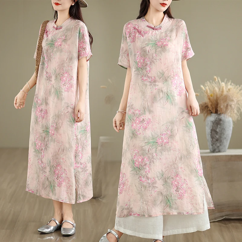 2026 New Cotton Linen Printed Short Sleeve Dress Buttoned Zen Tea Costume Women's Casual round Neckline Commute Style Dress