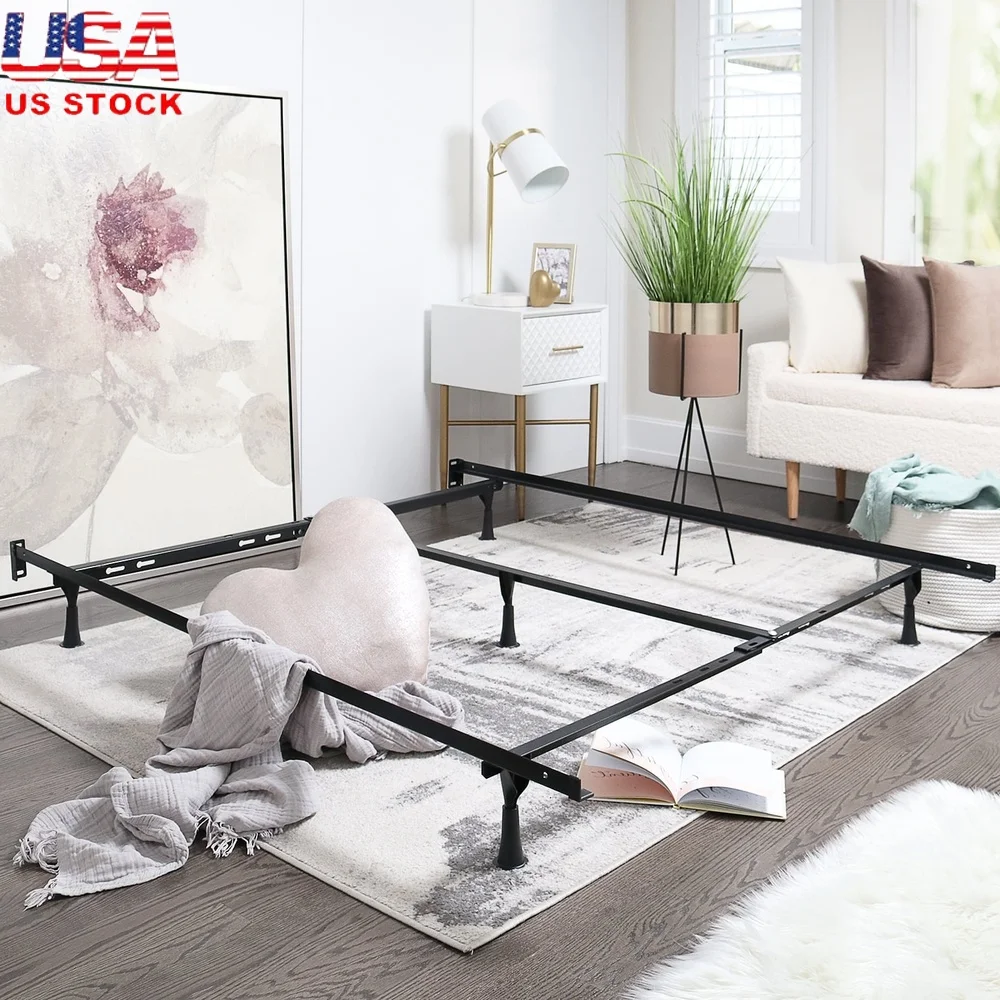 

Adjustable Metal Bed Frame with Center Support Leg Heavy Duty Low Profile Bed Rails Universal Headboard Brackets Easy Assembly