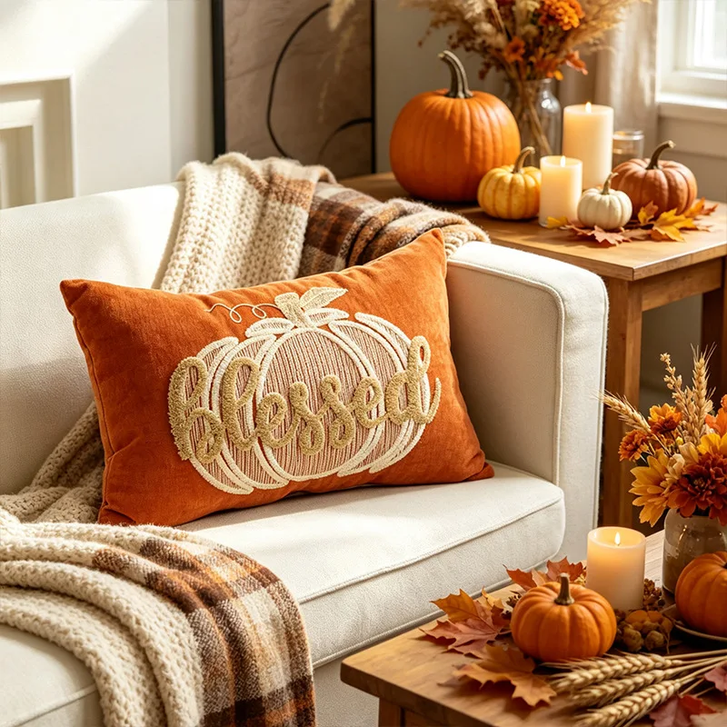 Fall Pumpkins Pillow Cover 12x20inch Embroidered Autumn Decor Blessed Thankful Grateful, Orange Beige Thanksgiving Pillowcase
