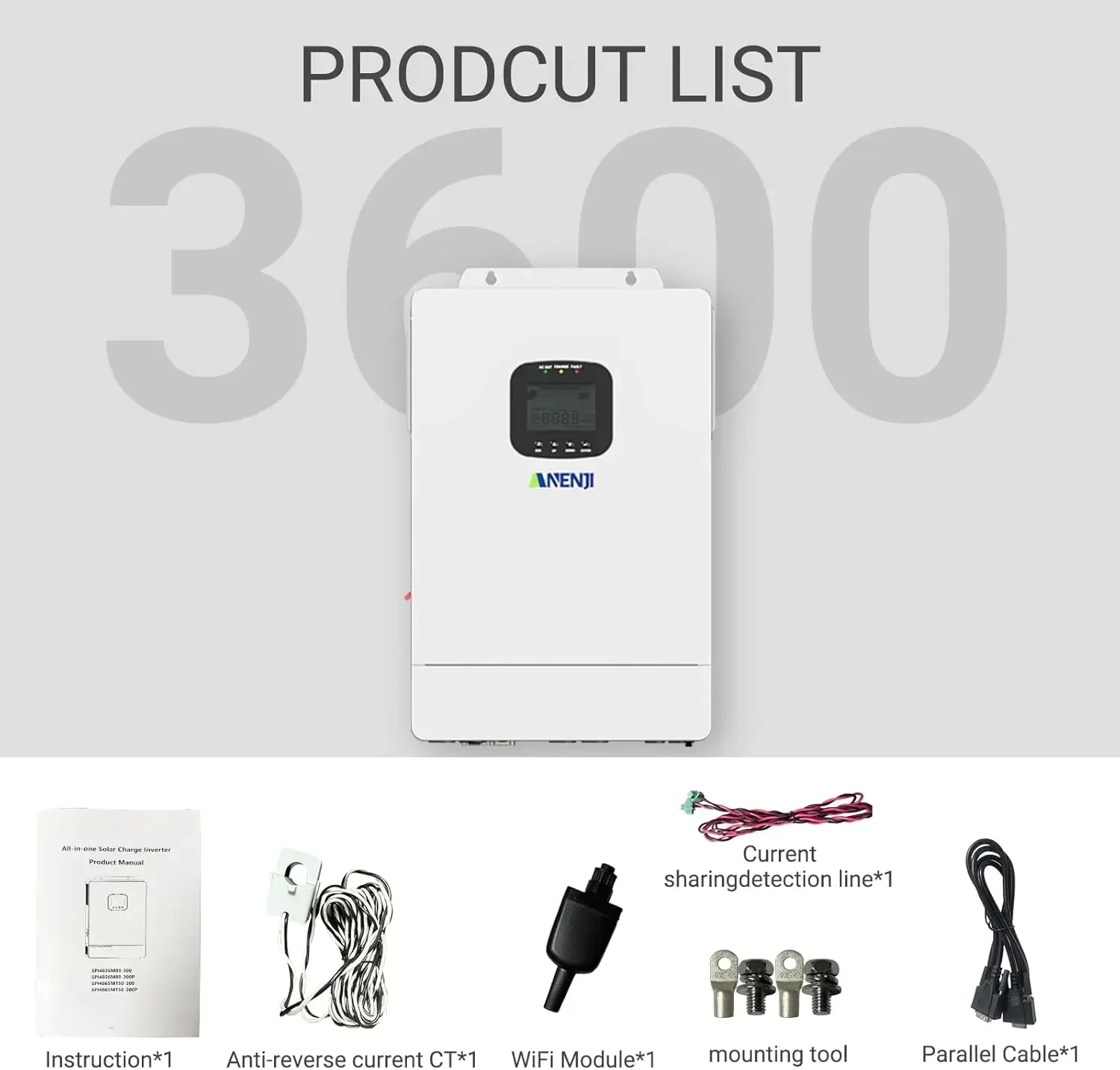 Hybrid Solar Inverter 48V 3600W,Built in 80A MPPT Solar Charger 300VDC,Support Parallel(6 Units) Pure Sine Wave Off-Grid+On-Grid