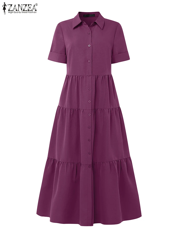 Zanzea feminino elegante em camadas maxi vestidos 2025 moda turn-down colarinho manga curta botão acima camisa de deslocamento robes femme