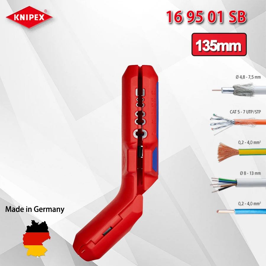 KNIPEX 169501SB Universal Stripping Tool 3 IN 1 Wire Strippers Curved Handle Ergostrip Metric Sizes Right Handed Version