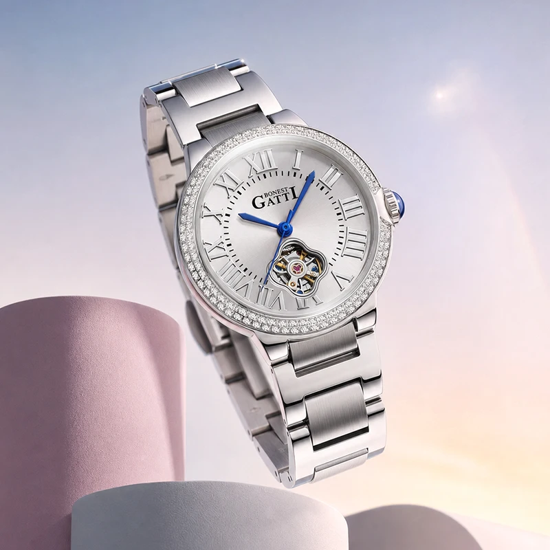 BONEST GATTI Elegant Women Watch Automatic Self-Winding Mechanical Movement Stainless Steel Bracelet Fashion Ladies Wristwatch