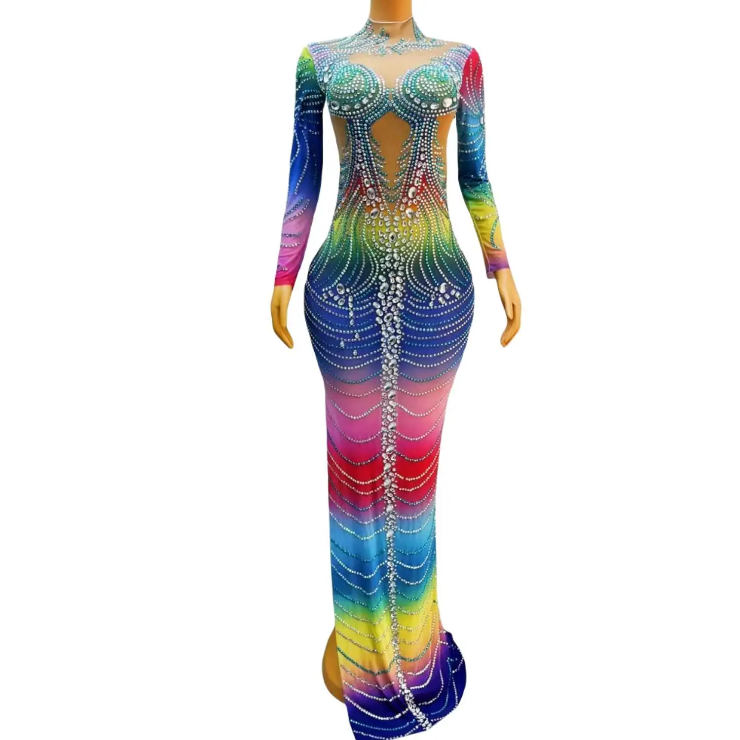 Sparkly See Through African Women Cocktail Dress Colorfol Beads Crystals Floor-Length Prom Dresses Birthday Party Gowns Shuixing