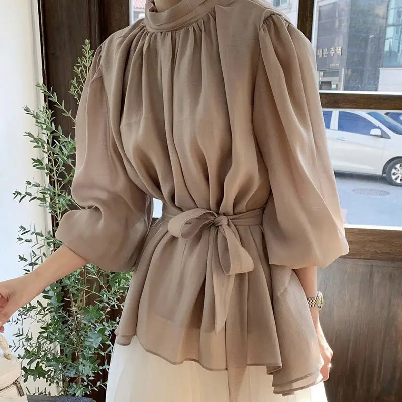 Korean Chic Autumn French Elegant Half High Collar Pleated Design with Lace Up Waist Cinching and Slimming Lantern Sleeve Shirt