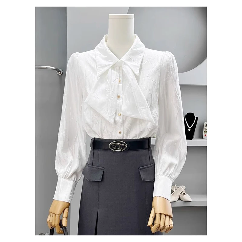 

Женская плиссированная блузка Ele Knot: модный молодежный топ в корейском стиле, прямой крой, длинный рукав, весна-осень