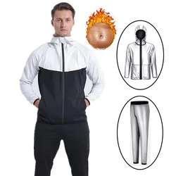 2pcs men Sauna Suit Set sport Jacket with Hooded and Sauna pants Fitness weight loss fast sweating