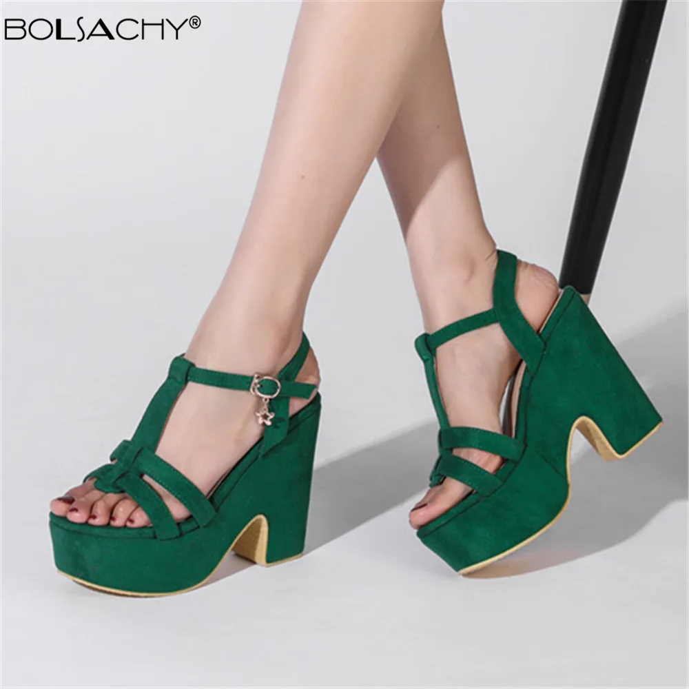 2026 Summer Flock Pumps Wedges Green Open Toe Platform Chunky High Heels Woman Shoes Buckle Strap Women Sandals Big Size 43