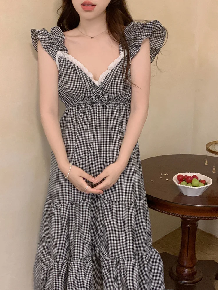 Lace New Home V-Neck Plaid Summer Sweet Sleepwear Loose Sleeveless Sling NightDress Women Montage Elegant Casual Holiday style