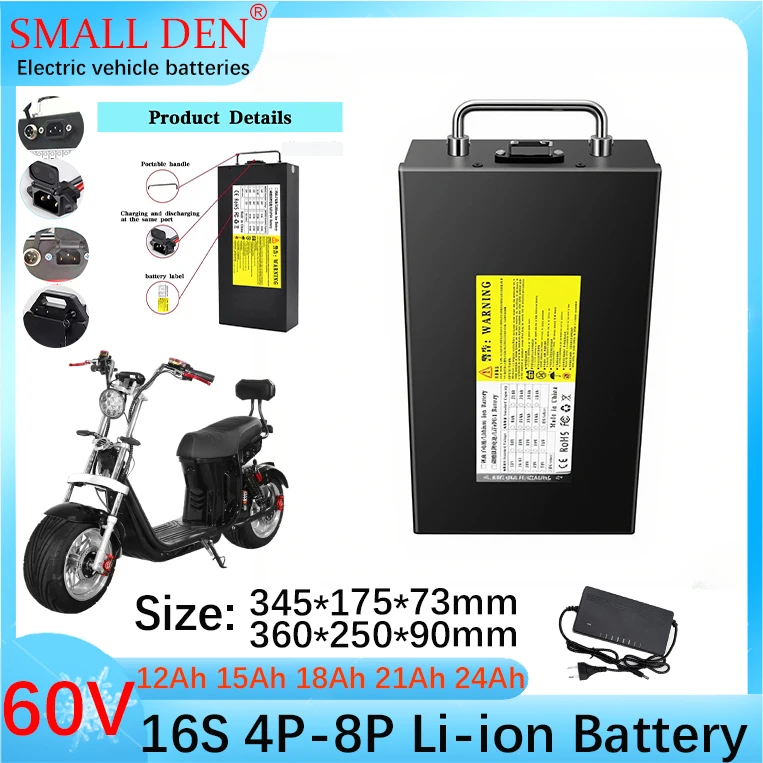 

High-capacity lithium battery, 60V, 12Ah, 15Ah, 18Ah, 21Ah, 24Ah, 18650, 16S4P-8P, 1800W high power, with 2A charger