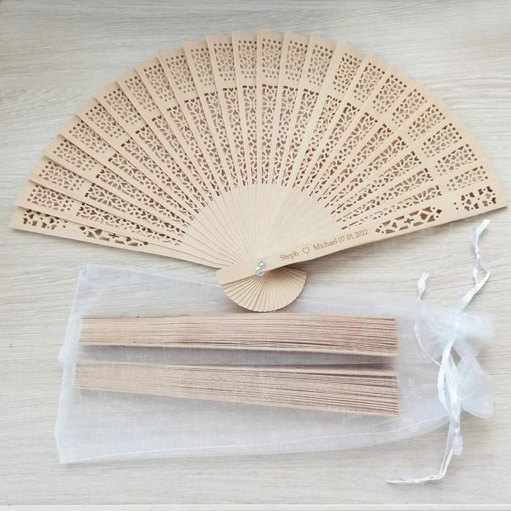 

20/60 Pcs of Personalized Carved Wood Wedding Fans, Wedding Gifts For Guests, With organza bag, mariage abanicos para boda