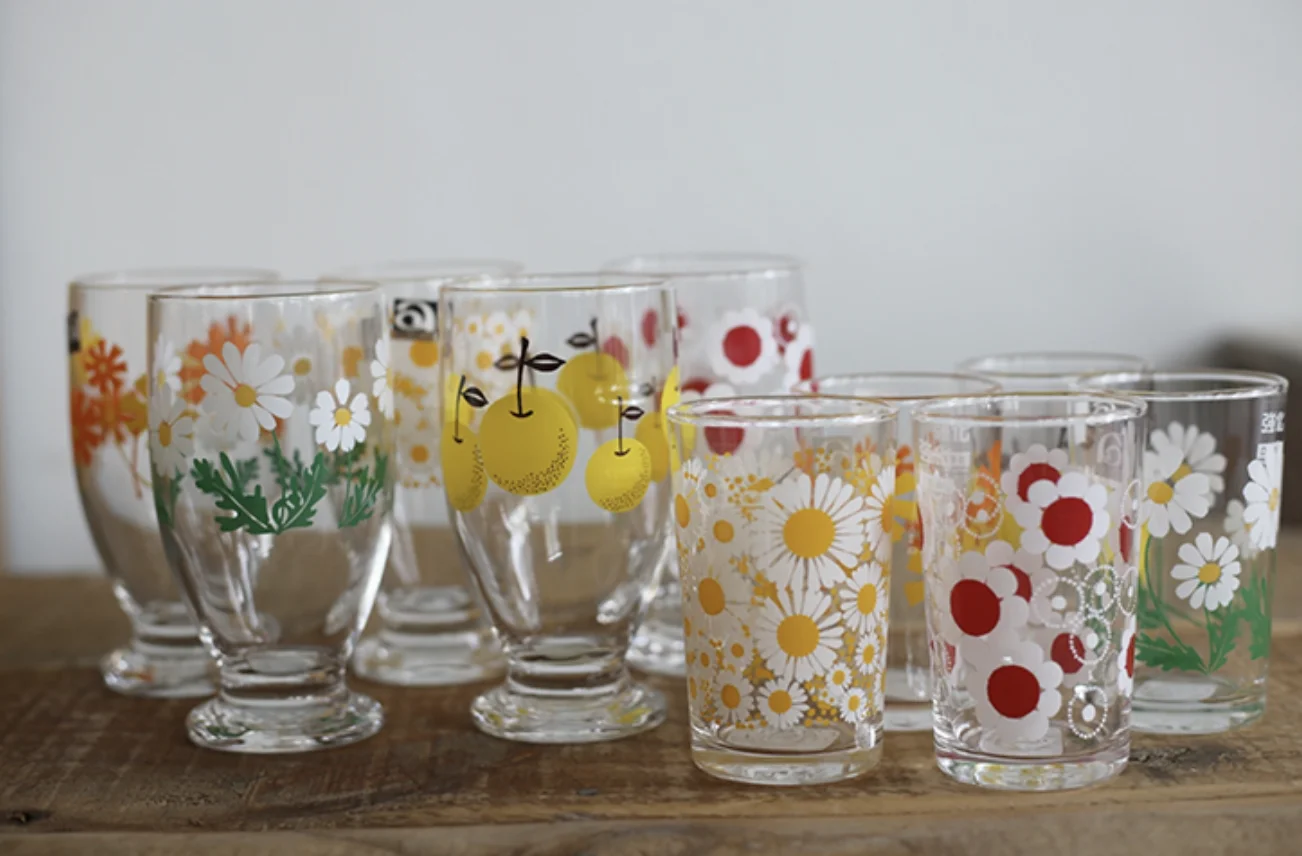 

Retro ōwa Sle Glass Cup Fruit Juice Cup Cold Drink Cup round ape Printed Design 30mL-400mL Capaci Dining Utensils