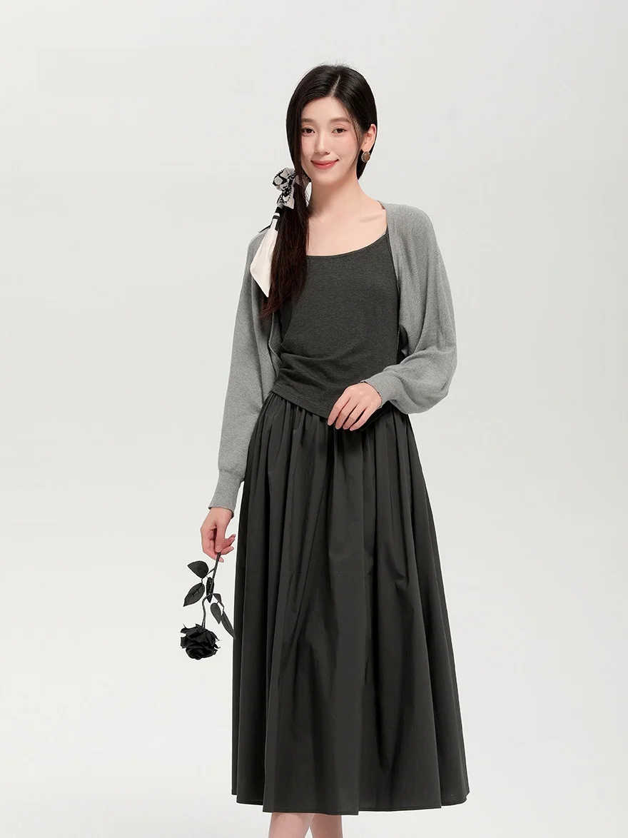 

Dailanzhi 2025 Autumn New Two-Piece Set Strap Dr Knee-Length Women's awl Cardigan Casual High Waist Cotton Polyester Blend