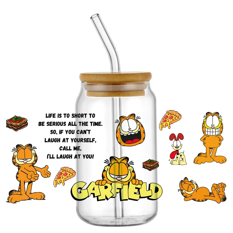 Miniso cartoon Garfield cat UV DTF Sticker For 16OZ Libbey Glass Cup Can Wrap Transfer Sticker Custom Label DIY Logo