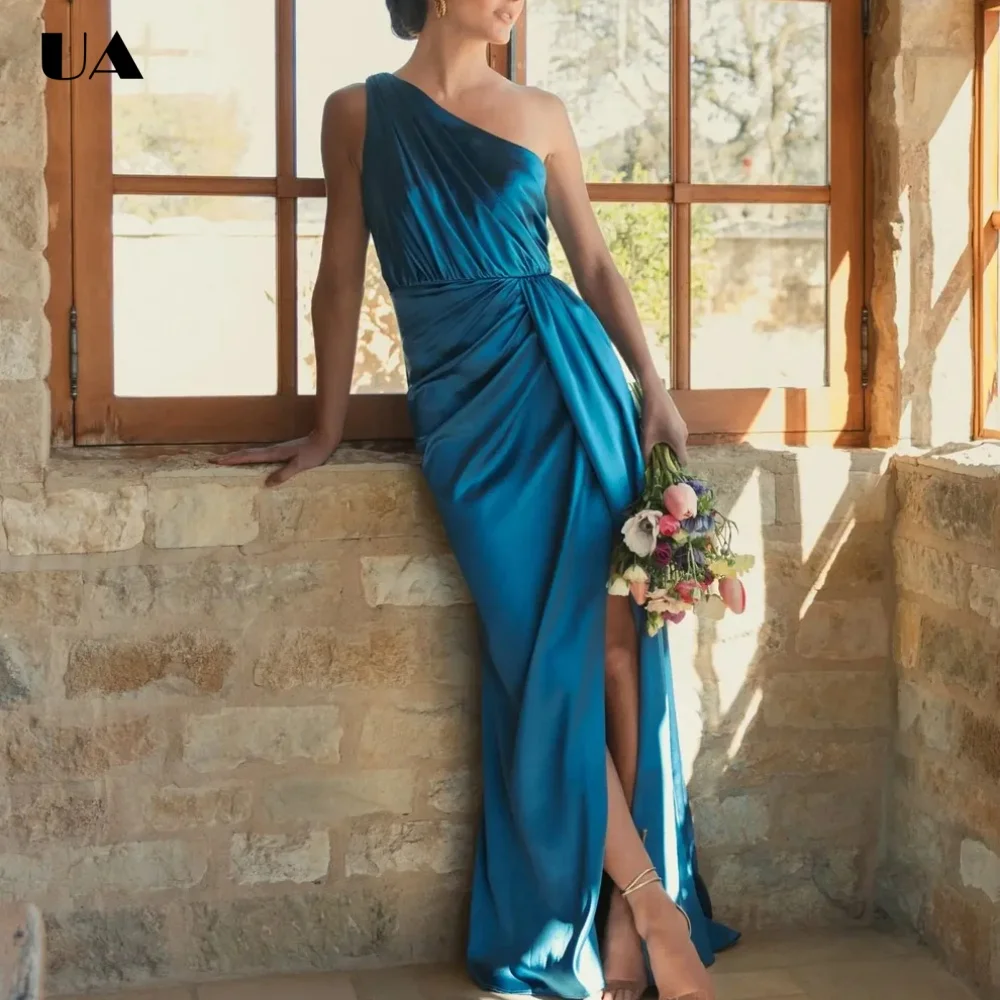 

ULBYANRY Customized Satin Sleeveless Draped Prom Dress for Woman Elegant Solid Evening Dress Simple Asymmetrical Neck Ball Gown