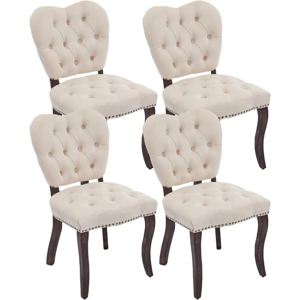 

French Vintage Tufted Upholstered Dining Chairs, Beige Velvet with Wooden Legs, Ideal for Kitchen, Dining Room & Cafe, Set of 4