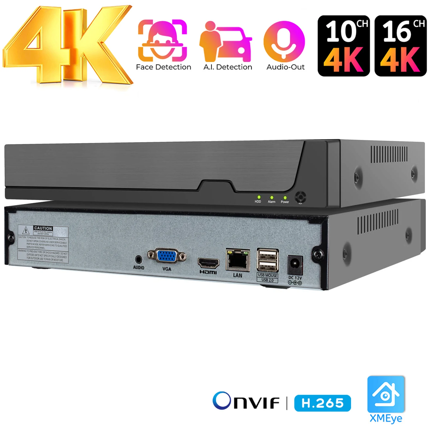 4K 10Ch 16Ch Onvif NVR 8MP Network Video Recorder for Home Security Camera System Up to 16 x 8MP IP Cameras 24-7 Recording XMEye