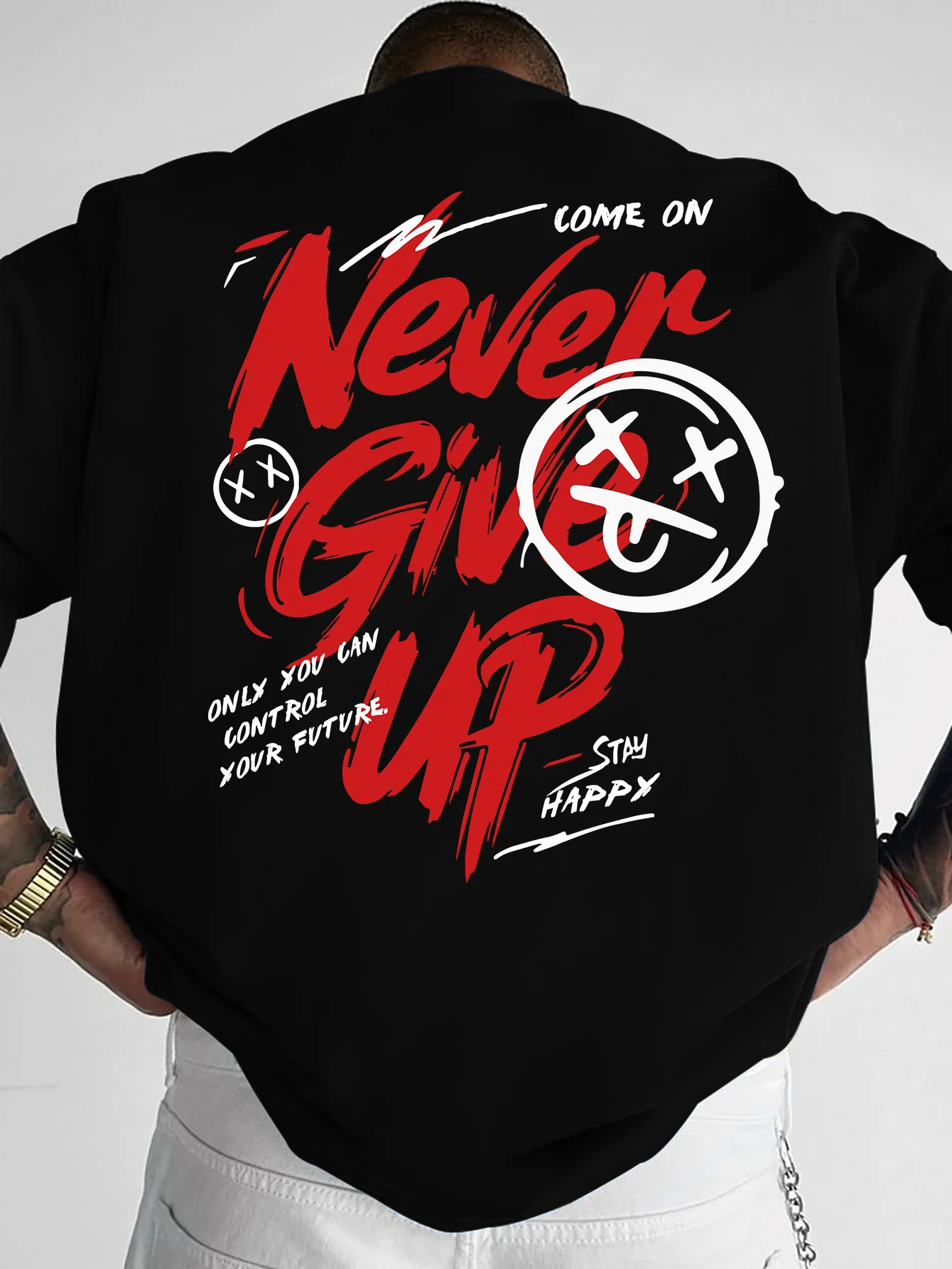 Oversized Black Men Motivational T-Shirt Never Give Up Come On Stay Happy Cartoon Face Back Large Print Hip Hop Tee