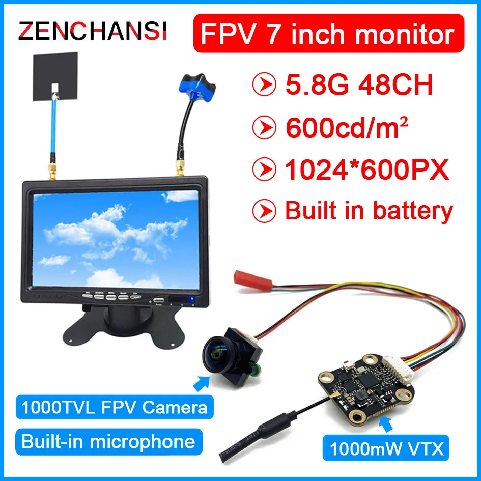 Over 5km fpv suit 5.8G 40CH 7 inch HD IPS 1024*600 monitor and 1000mW Wireless AV Transmitter and Starlight 1000TVL FPV Camera