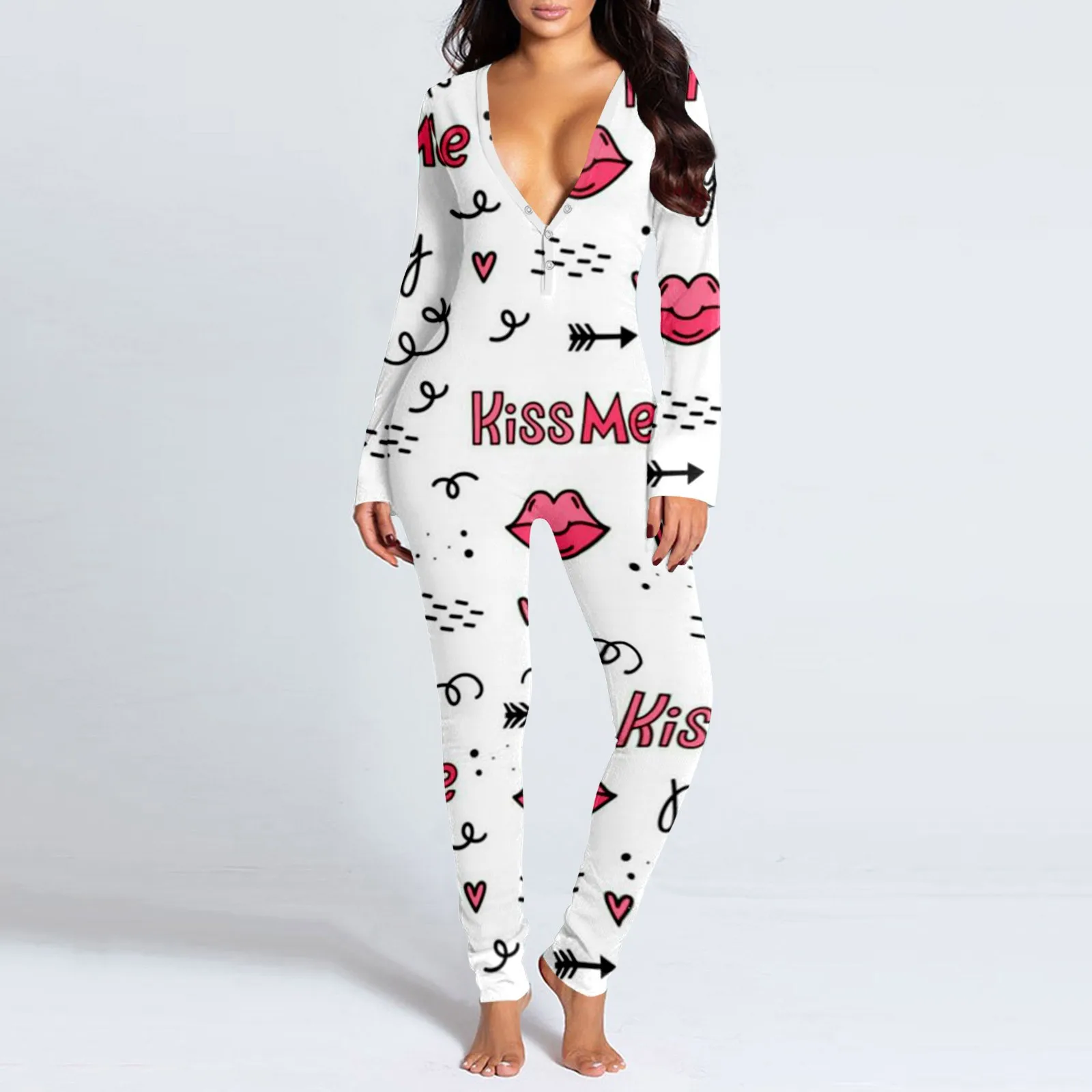 Women Pajamas Onesies Button Down Front Functional Button Flap Pyjamas Jumpsuits Christmas Love Print Jumpsuits Pyjamas Female