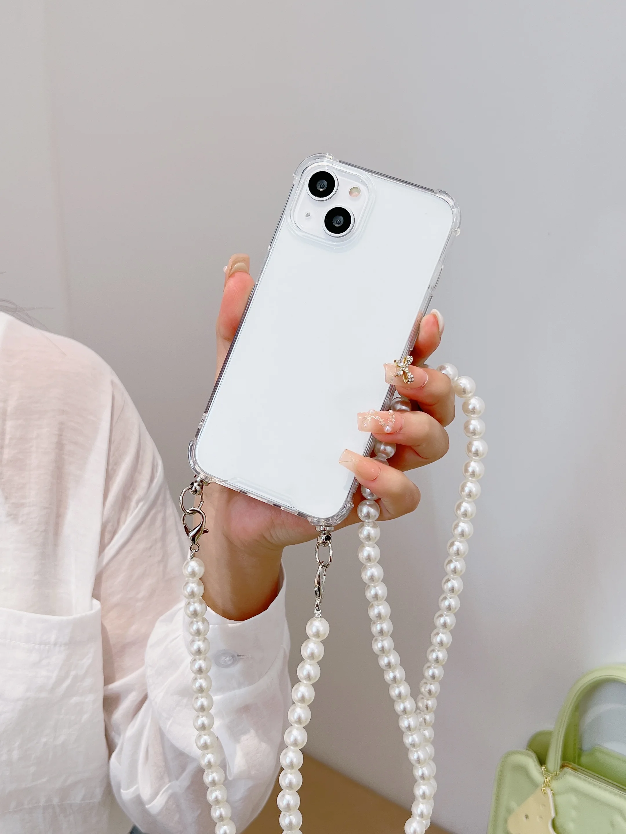 Luxury Korean Crossbody Lanyard Necklace Pearl Chain Phone case for iPhone 11 12 13 14 Pro Max Transparent Soft Cover with Strap