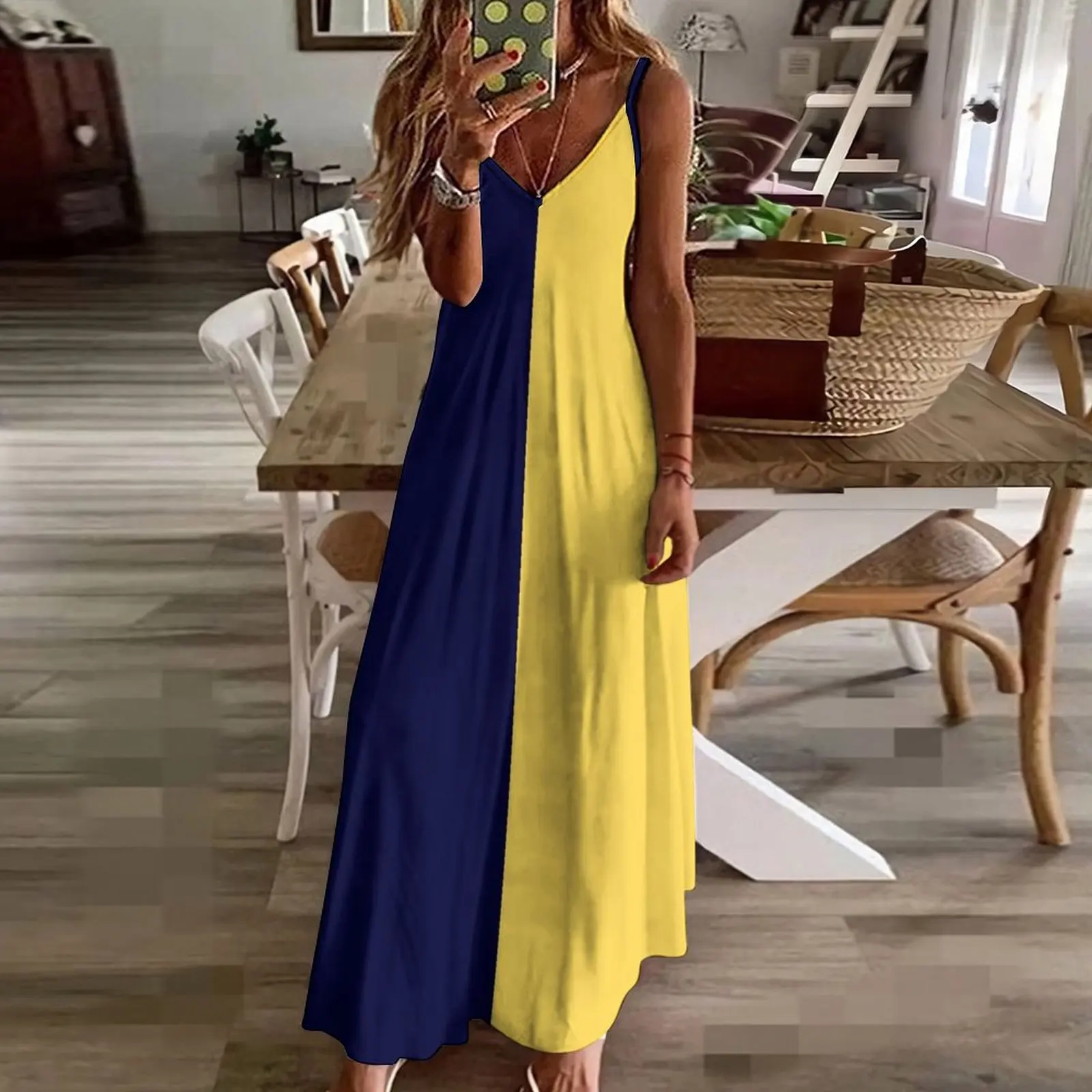 Navy Blue And Mustard Yellow Half And Half Sleeveless Dress sensual sexy dress for women dress for women summer