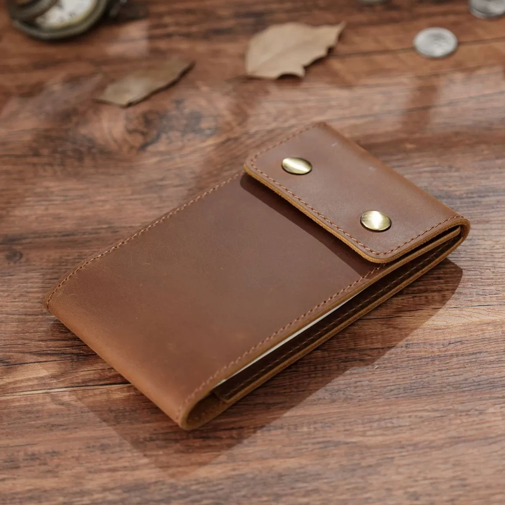 Portable Pocket Notebook for Business - Pocket-Sized Memo Pad, Contact Organizer & Planner Cowhide Leather Cover Snap Closure