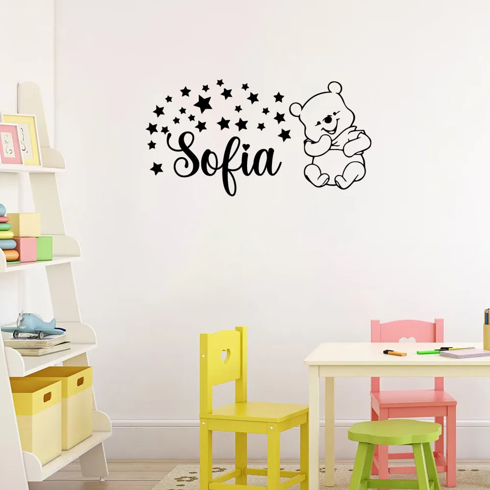 

1 pc cute kids bear with star customize name Wall Art Decal Wall Stickers Pvc Material For Kids Room Living Room Home Décor