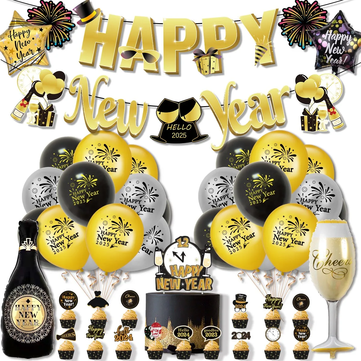 

Black 2025 Happy New Year Theme Banner Cake Topper Swirls Hanging Fireworks Balloons Photo Props for 2025 New Year Party Decor