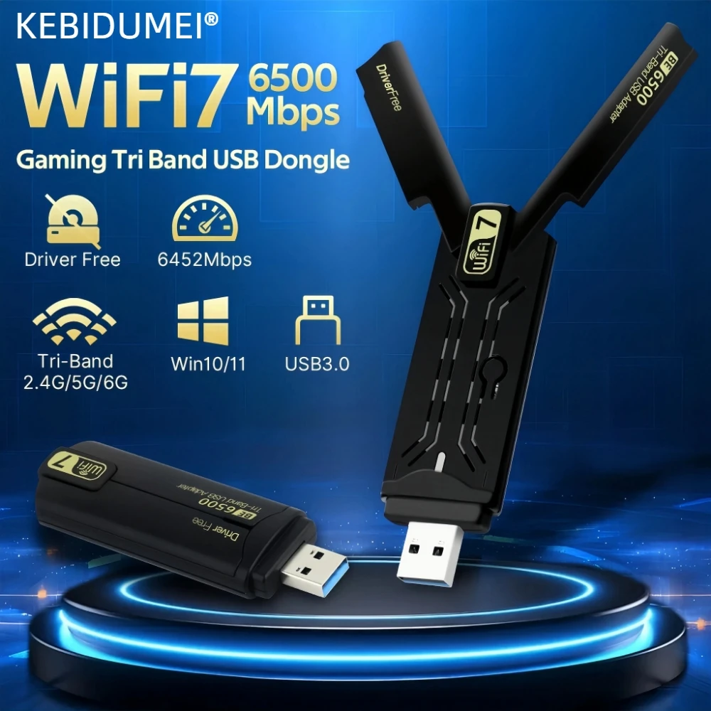 WiFi 7 USB 3.0 Adapter BE6500 Network Card Tri Band 6G/5G/2.4G USB Dongle Wireless Wireless Receiver Free Driver Win 10 11