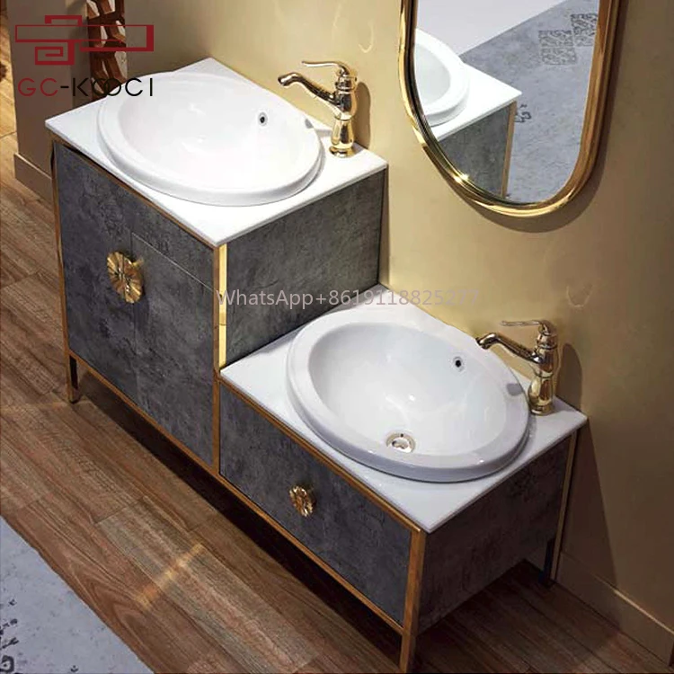 Tocador de baño de acero inoxidable, mueble de lavabo moderno, lavabo doble, barato