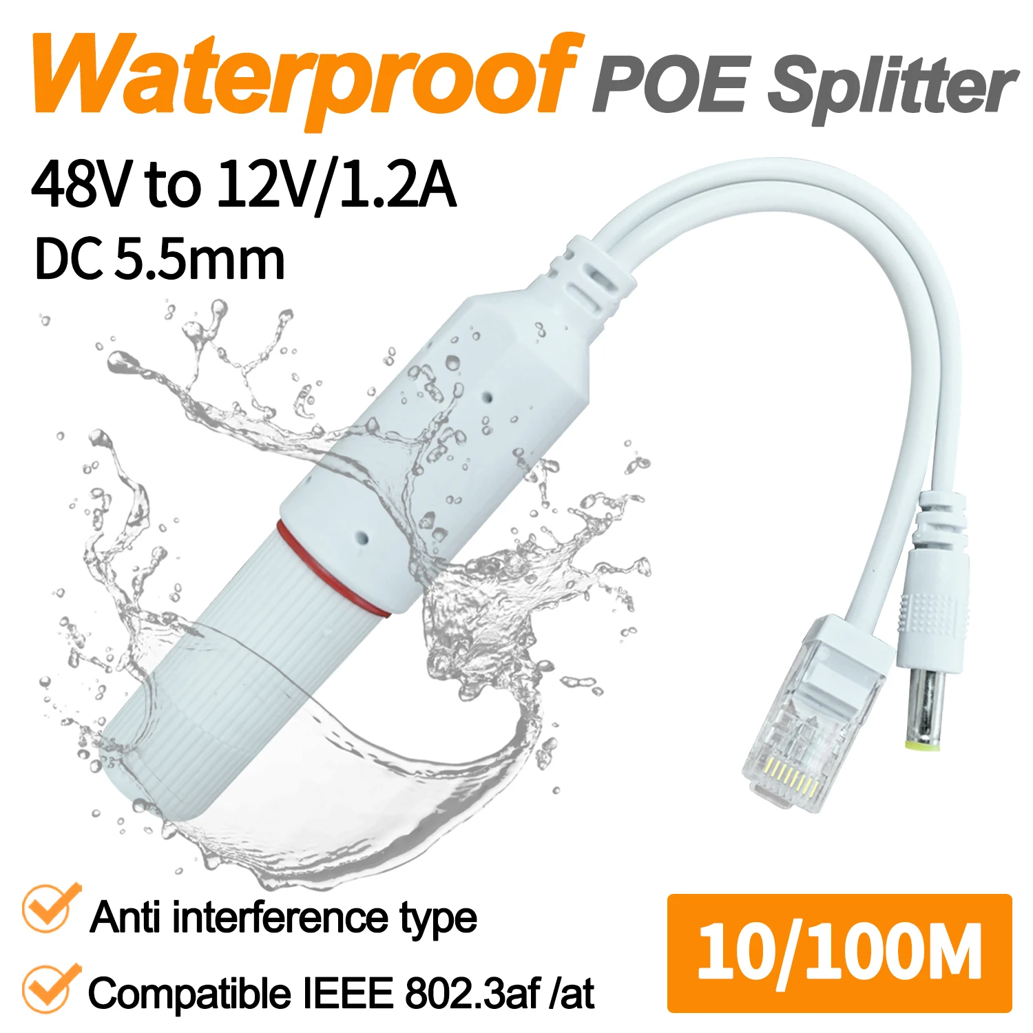 

POE Splitter Adapter Active Adaptive Separator Cable Supply Module Injector Non-Isolated Waterproof 48V to 12V DC 1.2A