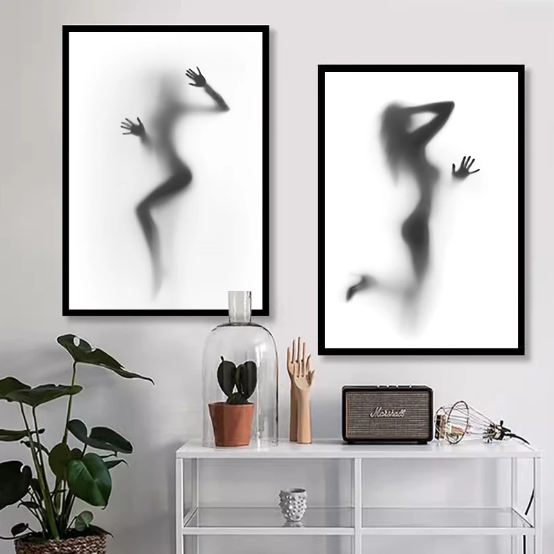 Abstrakte Spiegel-Modeposter Minimalistische Projektionskunst Figuren-Leinwandgemälde Paar Nebeliger Nordischer Schlafzimmer-Korridor Wohndekor