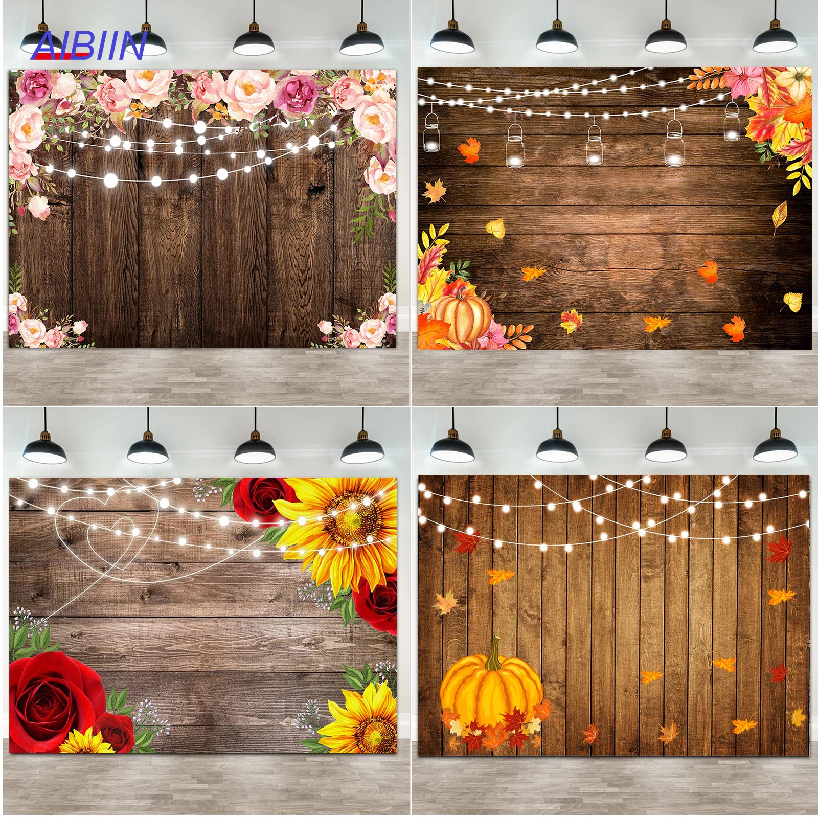 

Wooden Wall Photography Background Surrounded by Flowers Autumn Birthday Backdrop Party Decoration Baby Shower Photo Portrait