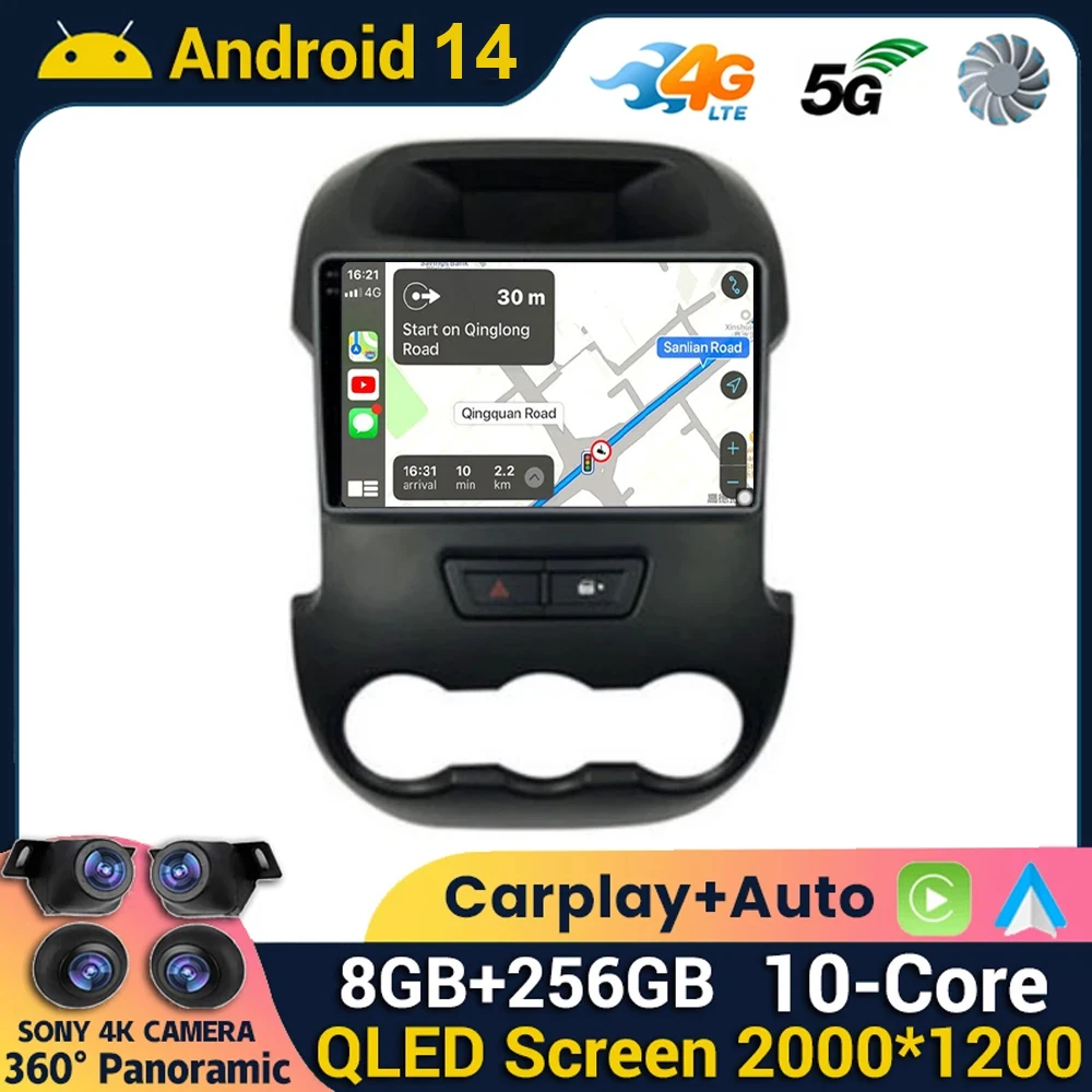 Android 14 Carplay Auto Car Radio For Ford RANGER F-250 2011 2012 2013 2014 2015 2016 Multimedia Player GPS Stereo Head Unit DSP