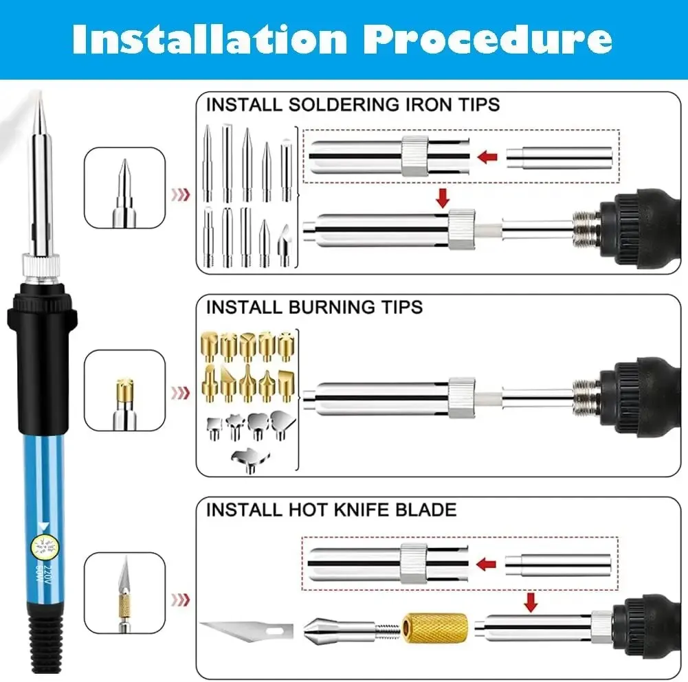 29Pcs Wood Burning Pen Kit 60W Soldering Iron Pyrography Burner Carving Templates Woodburner Tools Solder Iron Tips For Woodwork