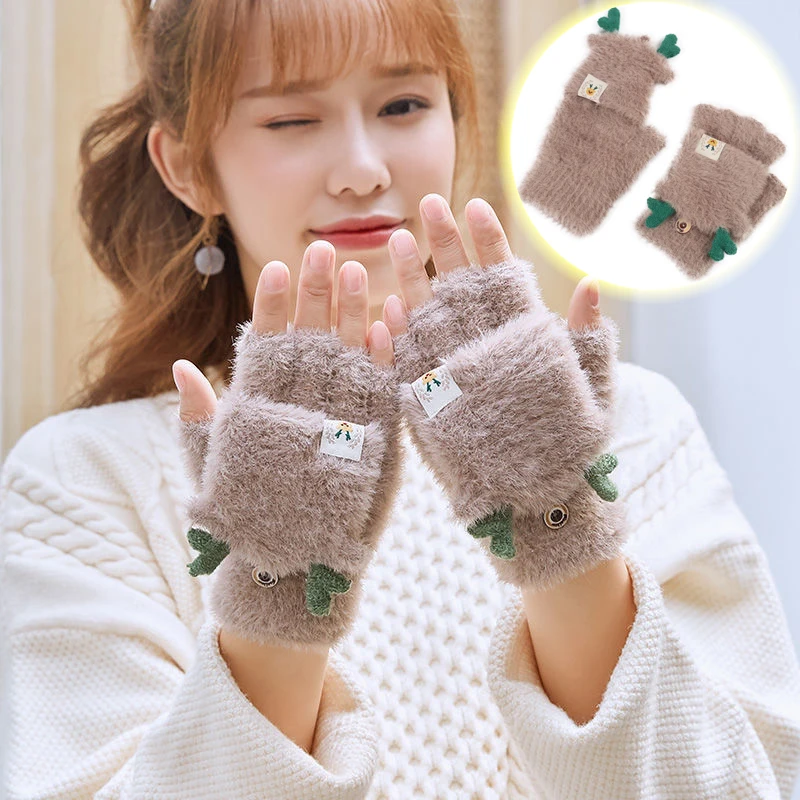 

Fashion Long Plush Warm Gloves Antler Gloves Flip Fingerless Padded Cute Cartoon Deer Shape Women's Cycling Gear