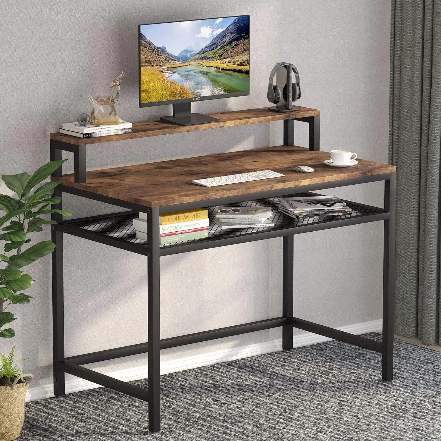 

Computer Desk with Monitor Stand, Industrial Simple Study Writing Desk with Mesh Storage Shelf for Home Office, Wood and Metal