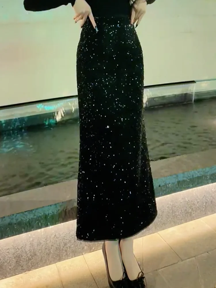 

Современная черная юбка с пайетками, осенне-зимняя модная элегантная бархатная юбка-миди с разрезом для женщин больших размеров