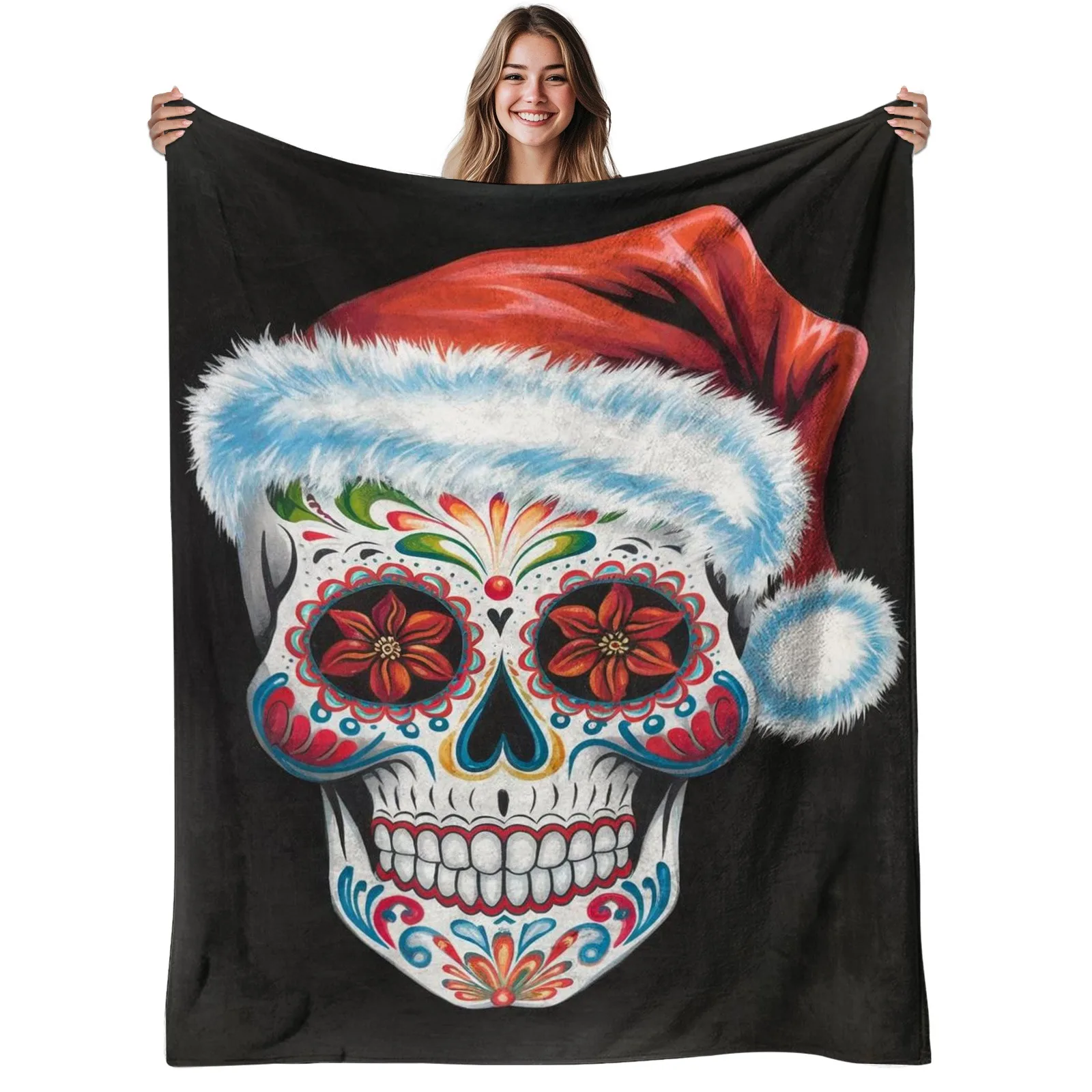 1pc Mexican Folk Art Sugar Skull with Santa Hat Flannel Blanket - Soft Warm 280gsm All-Season Bedspread, Colorful Day of the Dead & Christmas Design for Bed, Couch, Office - Multicolor (Red, Green, Blue, Pink) Home Decor, Christmas Decorations, Christmas
