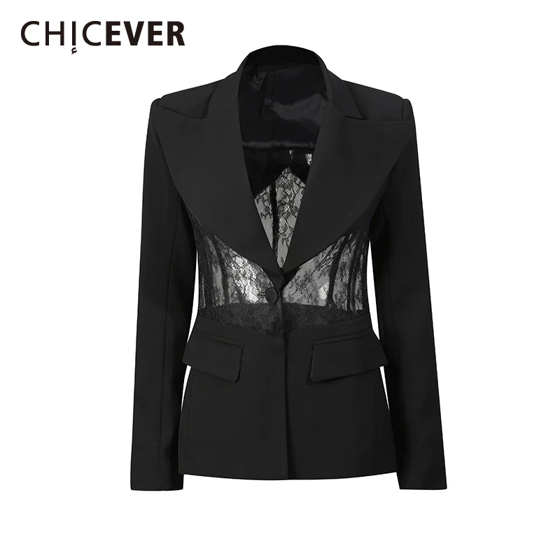 

CHICEVER Black Spliced Lace Jacket Female Lapel Long Sleeve Loose Perspective Luxury Women's Jackets Autumn Fashion New Style