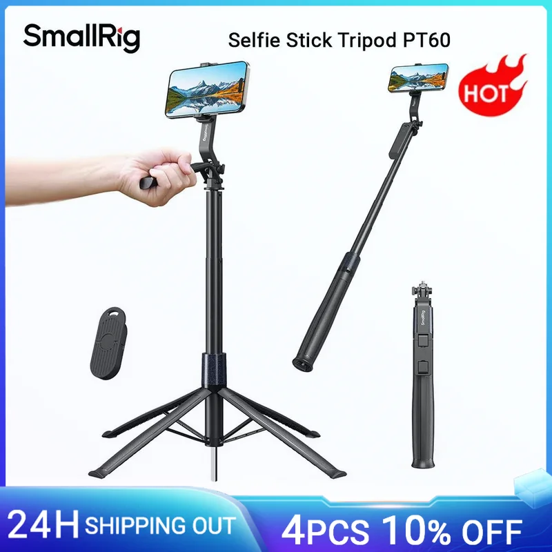 SmallRig Selfie Stick Stativ PT60 mit Fernbedienung 4 Beine 360 ° Griff verstellbare Halterung für iPhone für Kamera Action Kamera 4668