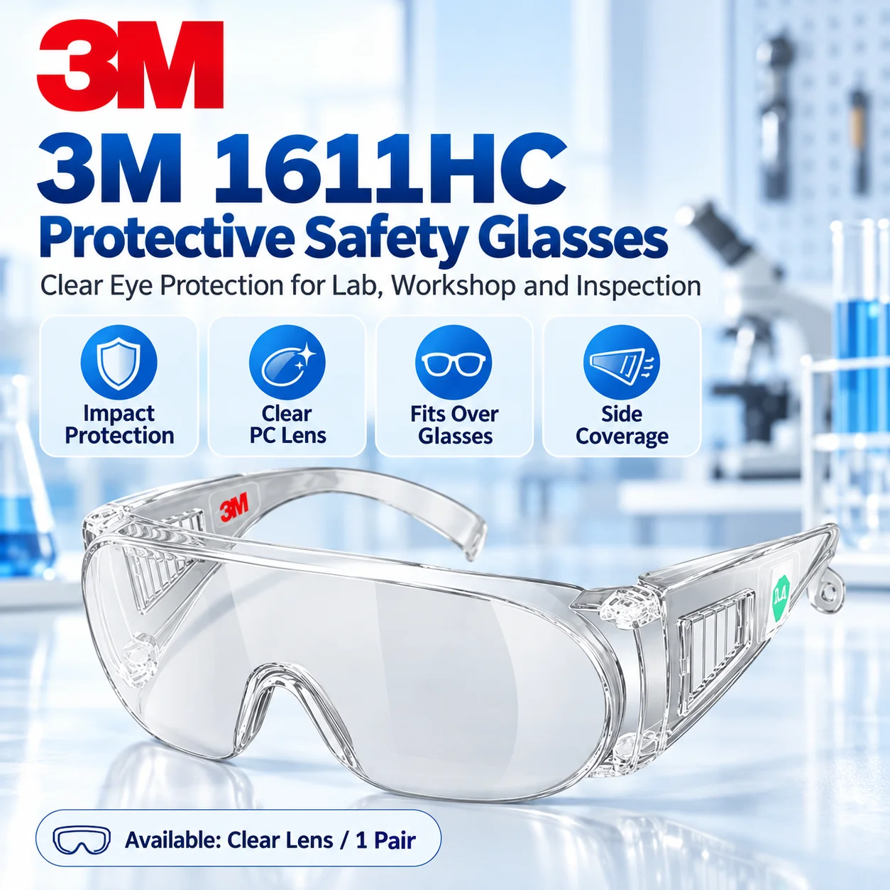 3M 1611 Protective Safety Glasses Clear PC Lens Impact Protection Over-Glasses Eyewear For Lab Workshop Workers 1 Pair