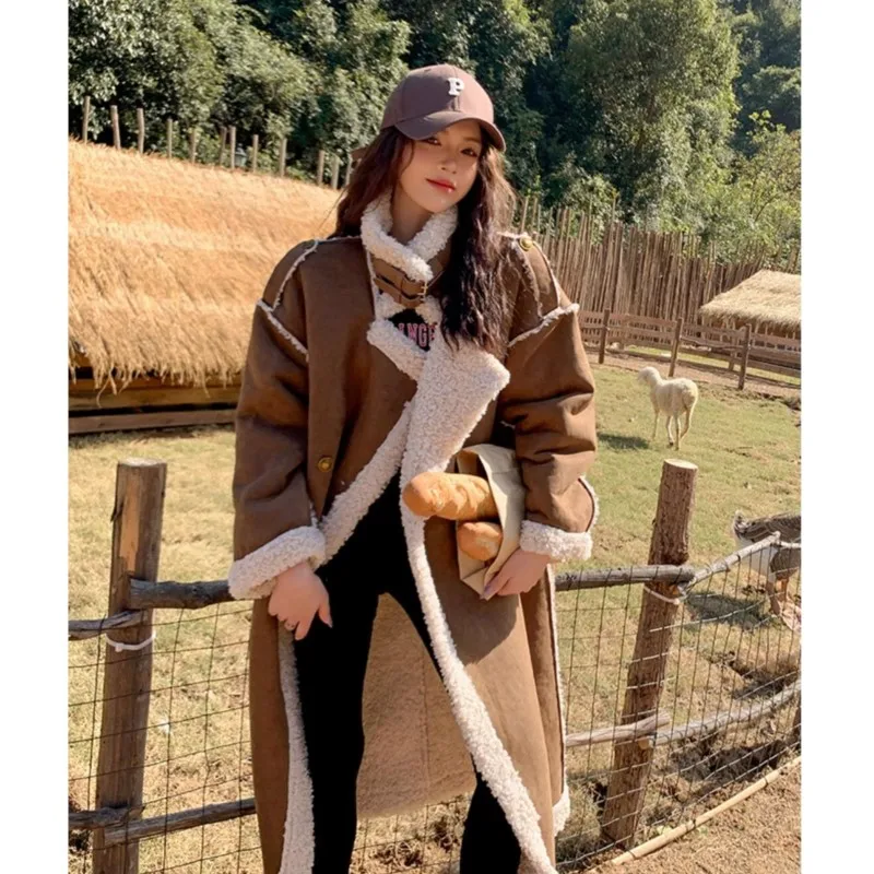 Winter Vintage Suede Lamb Double-faced Fur Coat Brown Women Stand Collar Full Sleeve Below Knee Furry Warm Long Jacket Outerwear