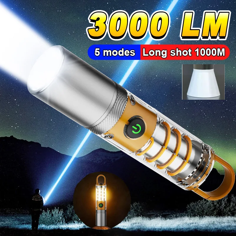 Super Bright Portable Flashlight USB Rechargeable Torch With Tail Hook For Hanging Camping Lantern Outdoor Light