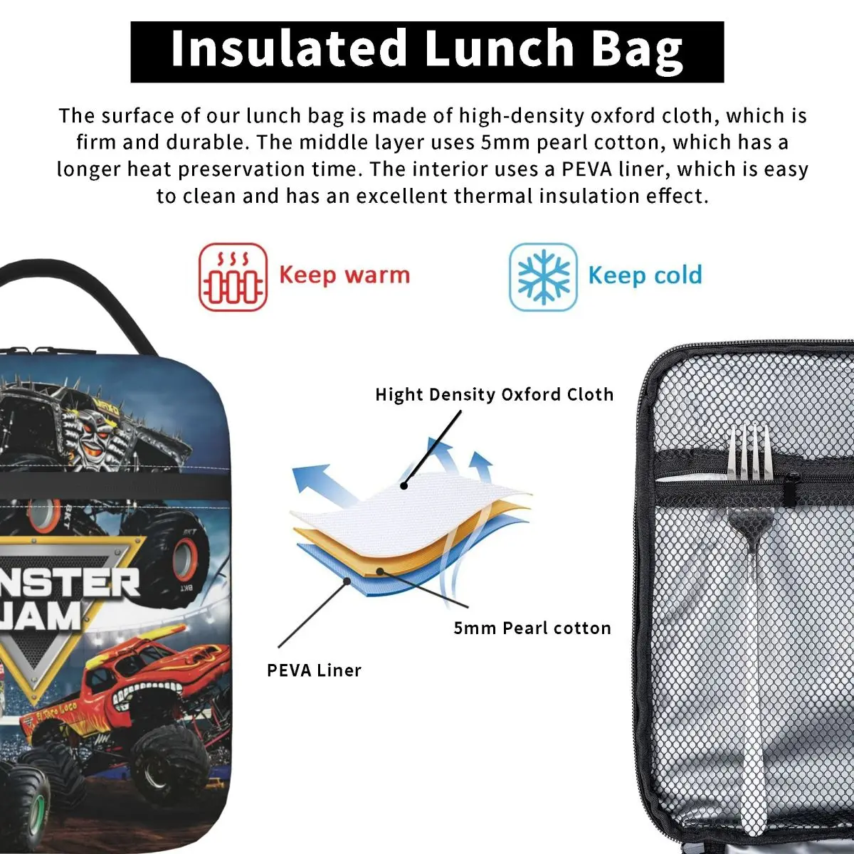 Monster Jam Monster Trucks Insulated Lunch Bag Thermal Bag  Meal Container High Capacity Tote Lunch Box Food Bag Work Outdoor