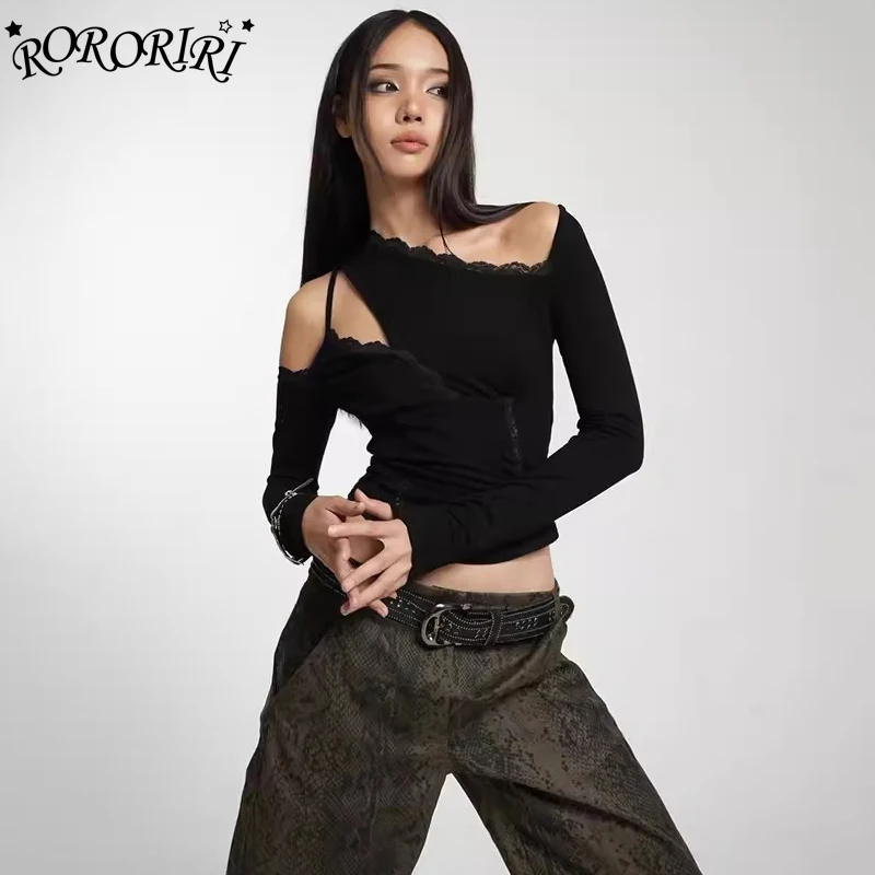 RORORIRI Irregular Cut-out Crop Top for Women Retro Black Lace Trim Slant Shoulder Long Sleeves T-shirt Grunge Y2k Streetwear