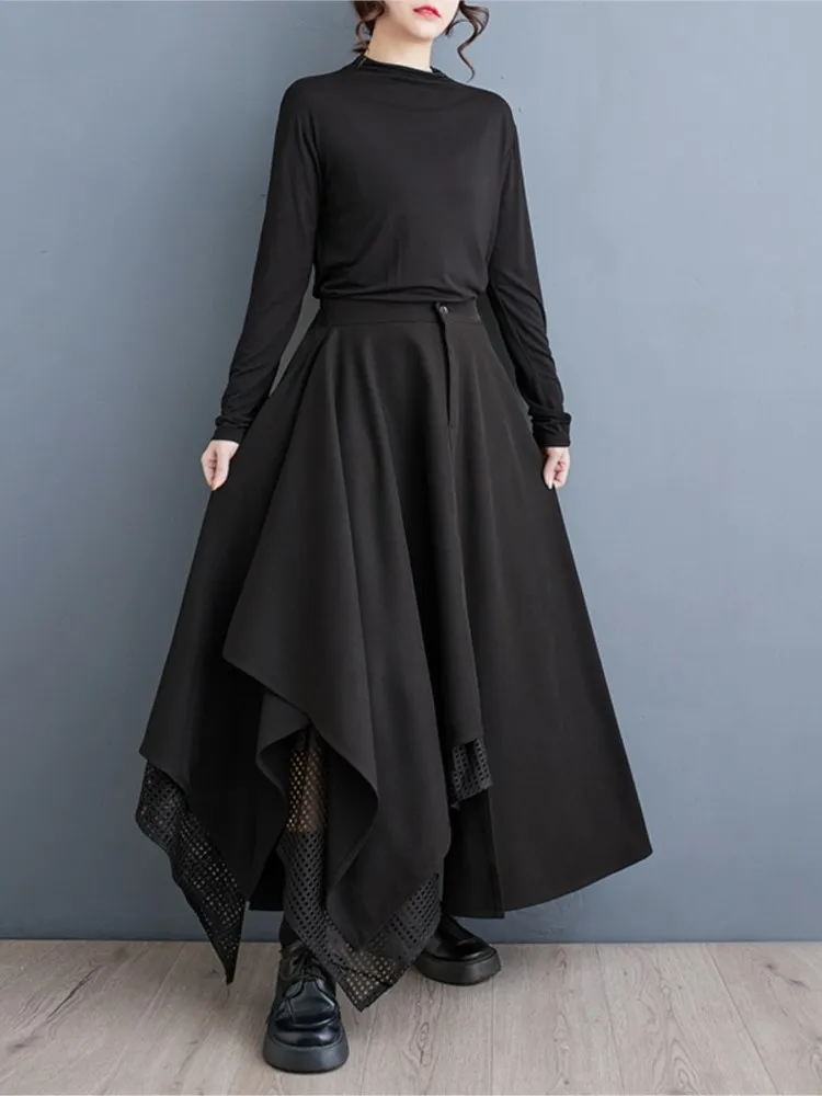 กระโปรงทรงเอไลน์ยาวสำหรับฤดูใบไม้ร่วง ไซส์ใหญ่ ผู้หญิง กระโปรงจีบระบายแบบไม่สมมาตร แฟชั่นลายต่อผ้า กระโปรงผู้หญิงเอวสูงแบบยางยืด