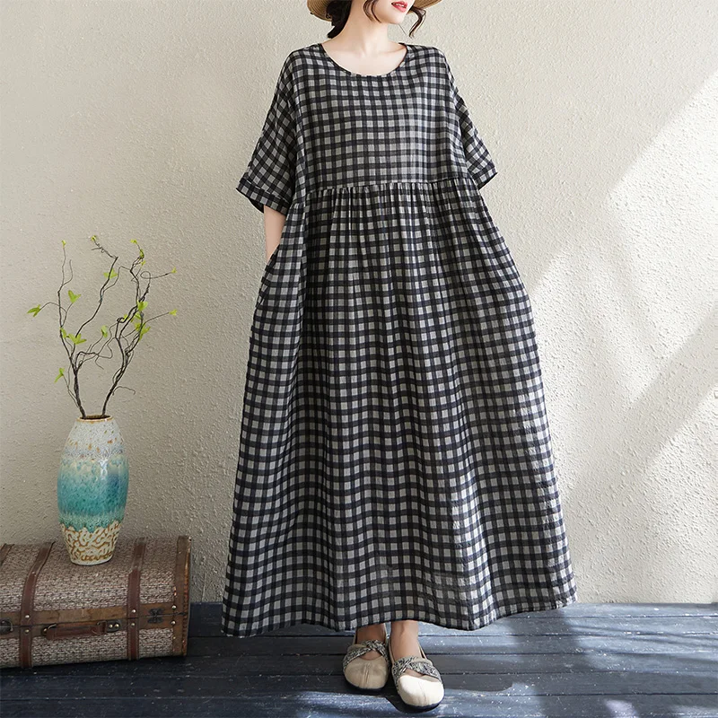 

Summer New Bohemian Long Dress Women's round Neck Short Sleeve Cotton Linen Simple Grid Pattern Maxi Dress Loose Fit Style