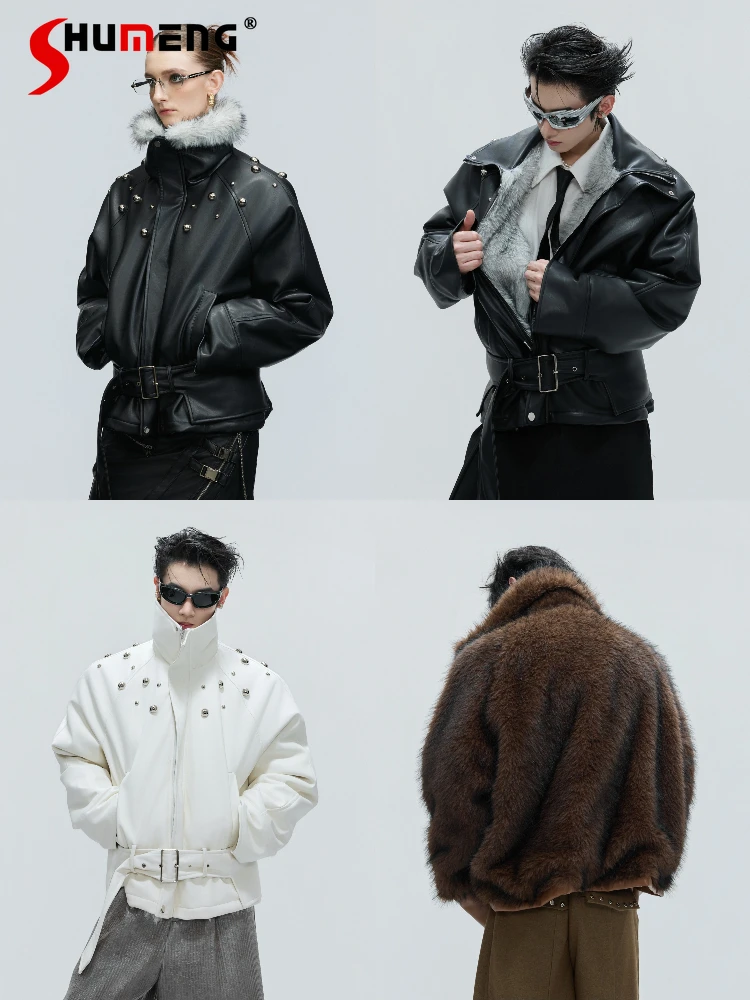 

Fashion Faux Fur Collar Thickened Parkas Men 2025 Winter New Rivet Lapel Coats Warm Long Sleeve Handsome Faux Leather Jackets